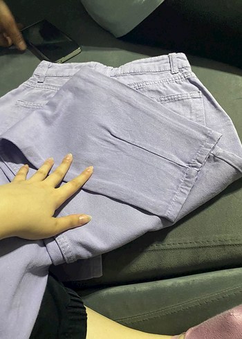 Düğmeli Mor Midi Denim Bayan Pantolon - Görsel 7