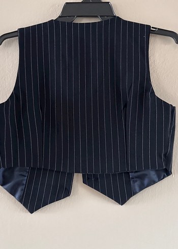 Düğmeli lacivert  Çizgili Kısa Kadın Yelek - Görsel 6