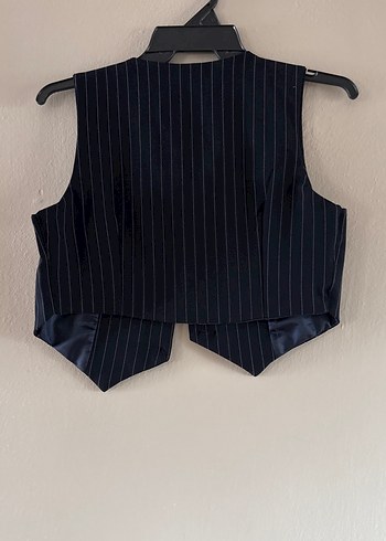 Düğmeli lacivert  Çizgili Kısa Kadın Yelek - Görsel 5