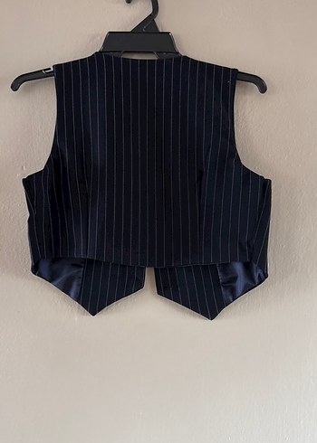 Düğmeli lacivert  Çizgili Kısa Kadın Yelek - Görsel 7