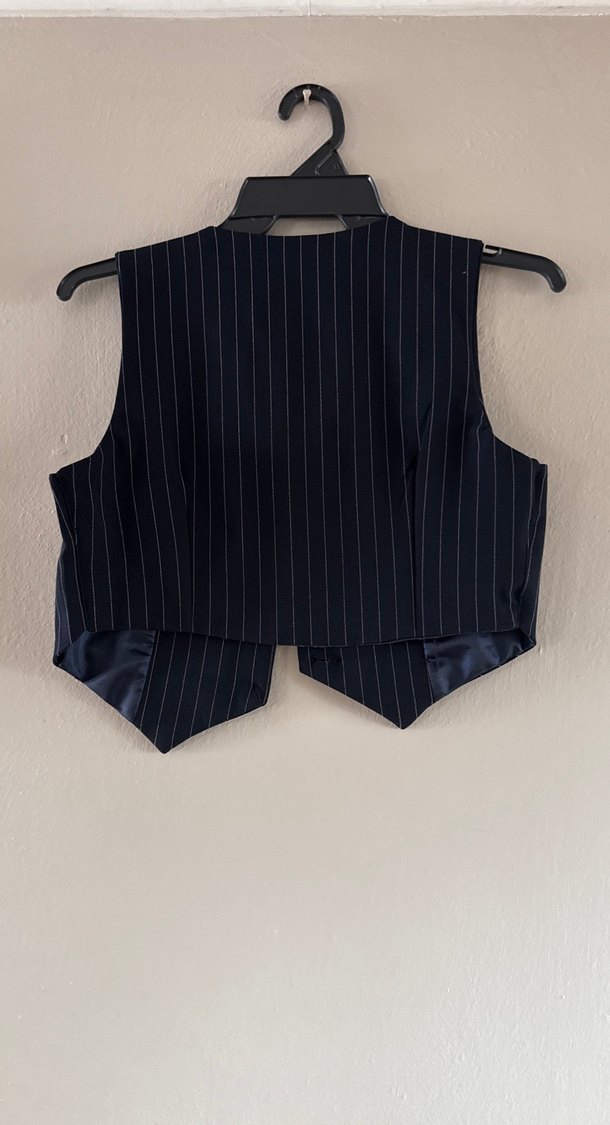 Düğmeli lacivert  Çizgili Kısa Kadın Yelek - Görsel 5