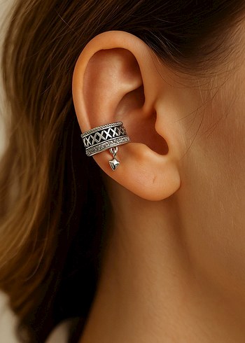 Vintage Siyah Detaylı Earcuff  Deliksiz Küpe  Zarif Rock Tarz - Görsel 2