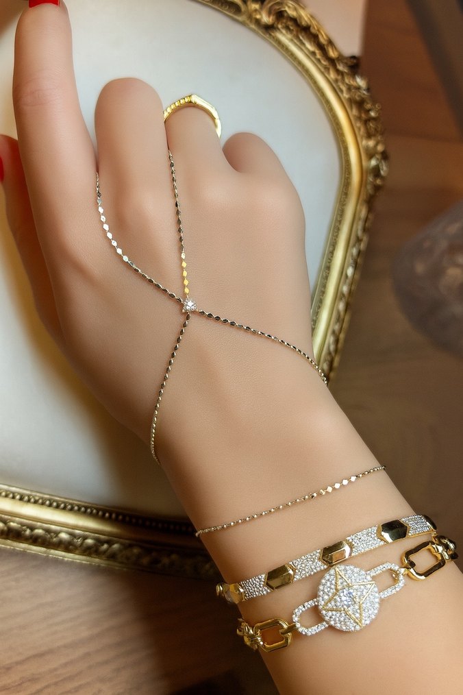 Ayna Kesim Zincirli Taş Detaylı Gold Şahmeran - Görsel 3