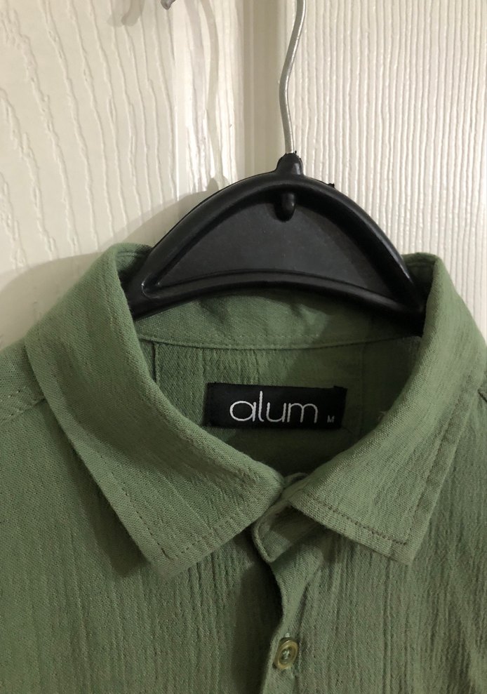 Düğmeli Yeşil Keten Erkek Gömlek - Görsel 3