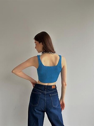 xl Beden mavi Renk Asimetrik Bel Triko Crop