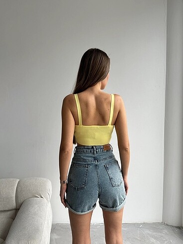 s Beden sarı Renk Askılı Triko Crop
