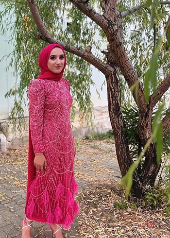 Uzun Kol Drapeli Pembe Tesettür Abiye