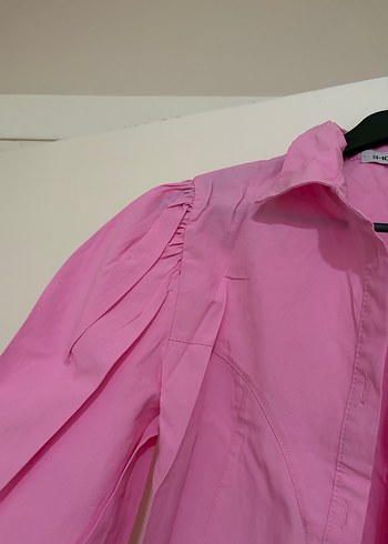 Düğmeli Pembe Kısa Keten Gömlek - Görsel 3