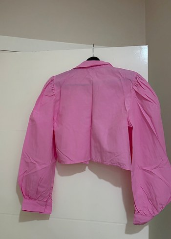 Düğmeli Pembe Kısa Keten Gömlek - Görsel 4