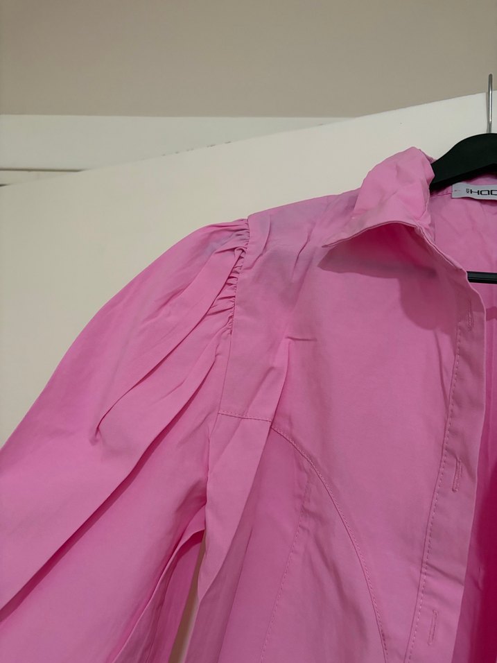 Düğmeli Pembe Kısa Keten Gömlek - Görsel 3