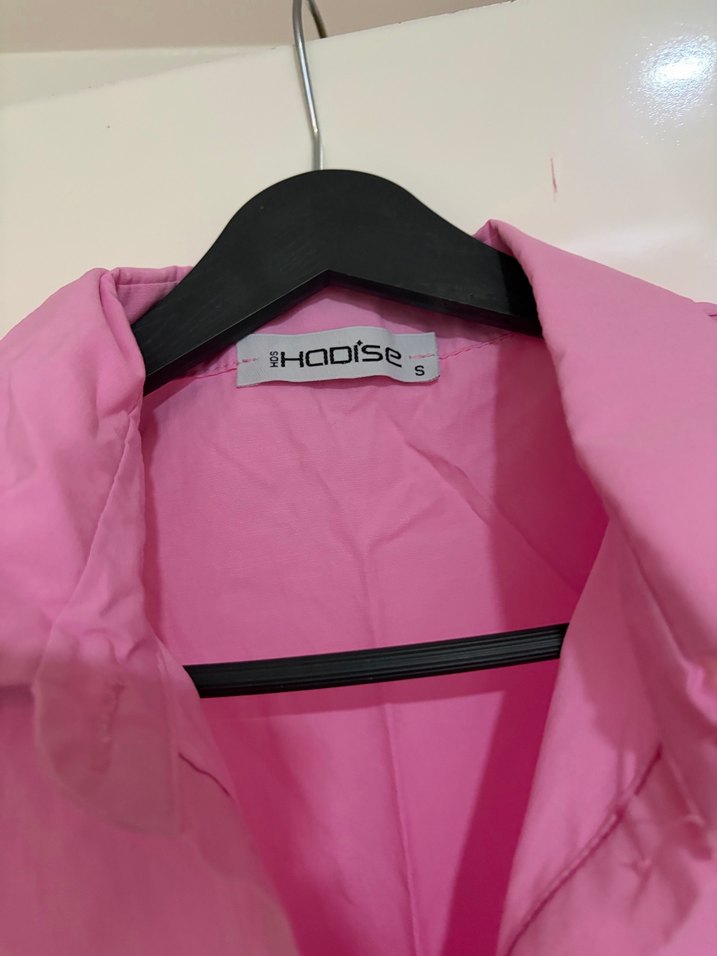 Düğmeli Pembe Kısa Keten Gömlek - Görsel 2