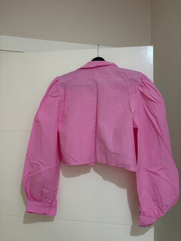 Düğmeli Pembe Kısa Keten Gömlek - Görsel 4