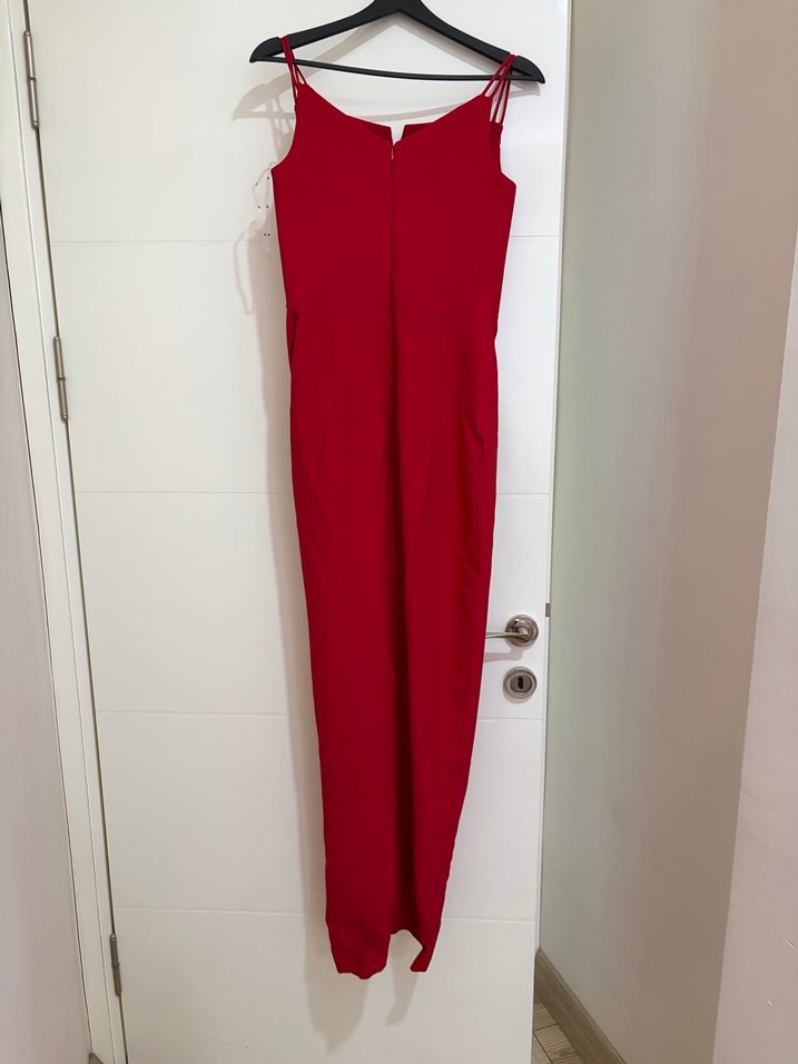 Kırmızı Drapeli Uzun Abiye Elbise - Görsel 4