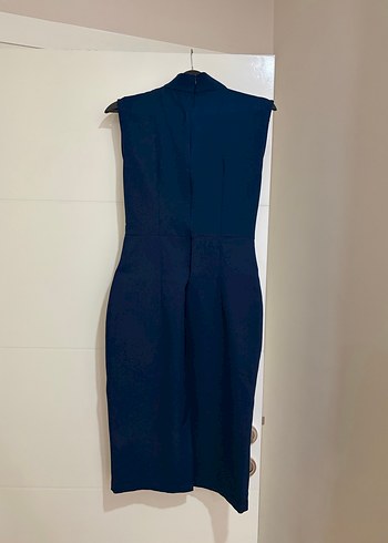 Lacivert Yüksek Yakalı Drapeli Midi Elbise - Görsel 3