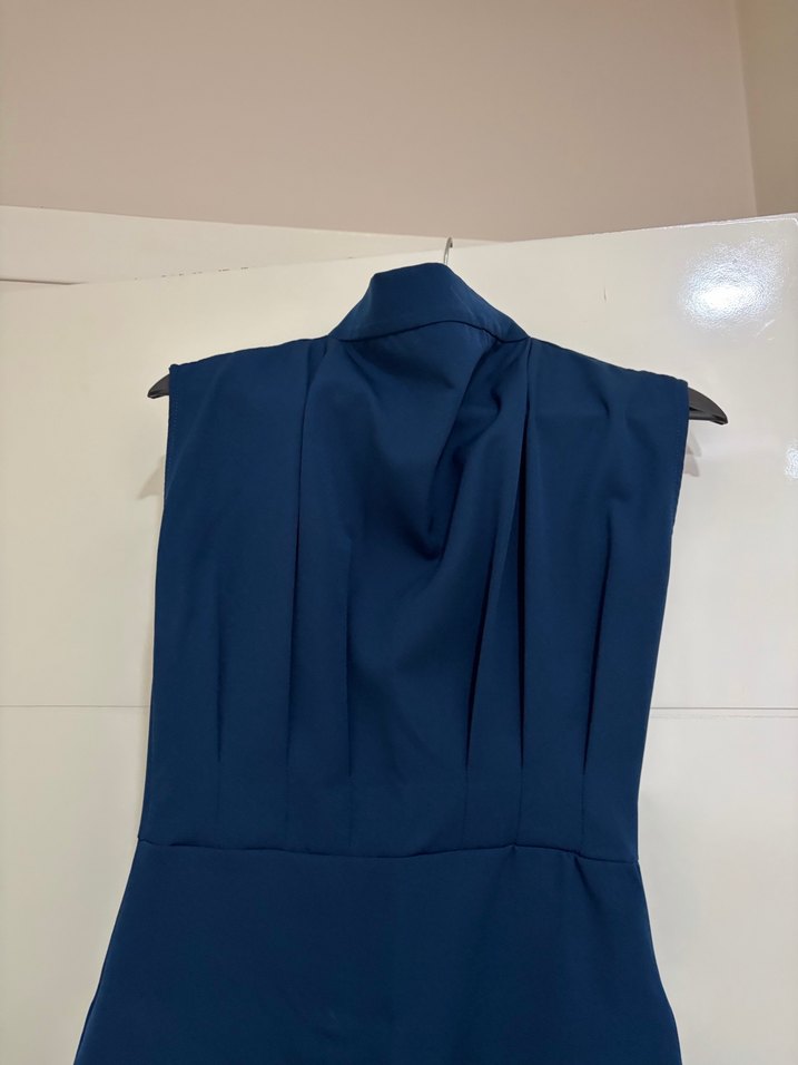 Lacivert Yüksek Yakalı Drapeli Midi Elbise - Görsel 2