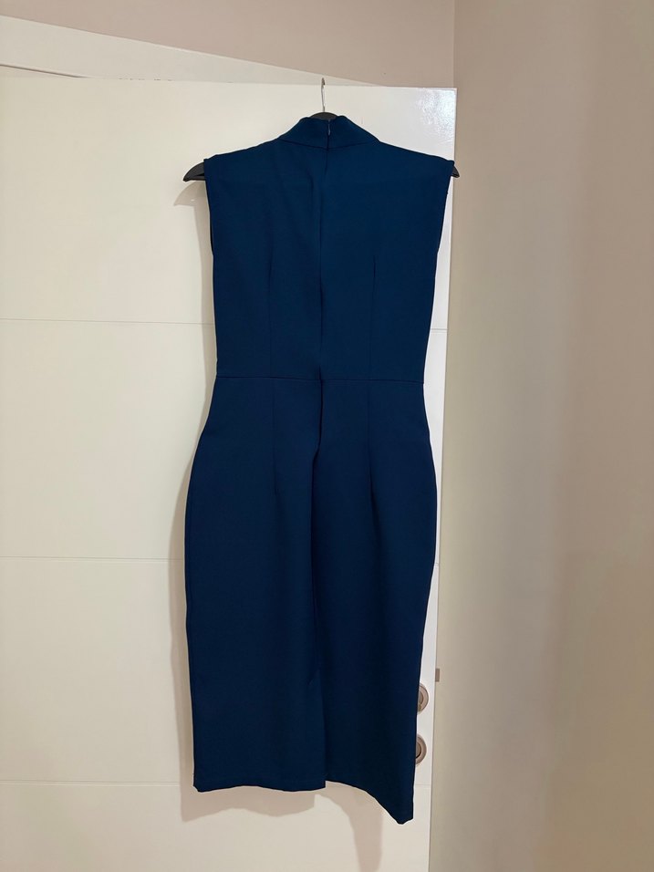 Lacivert Yüksek Yakalı Drapeli Midi Elbise - Görsel 3