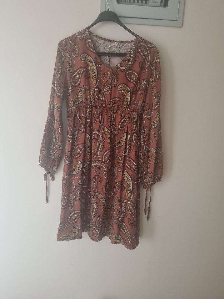 Bohem Uzun Desenli Kahverengi Kadın Elbise - Görsel 4