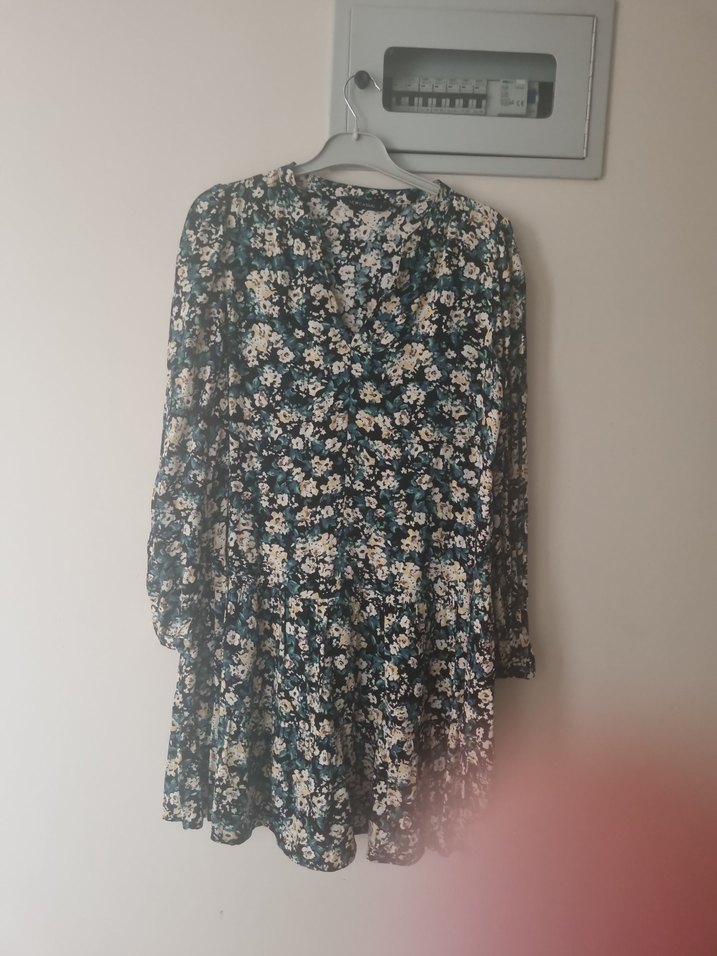 Çiçek Desenli V Yaka Uzun Kollu Midi Elbise - Görsel 5