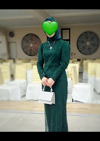 Yeşil Uzun Kollu Drapeli Abiye Elbise