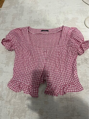 Pembe beyaz pötikareli bluz