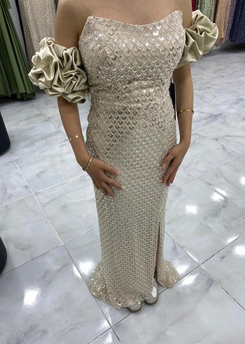 Işıltılı Straplez Beyaz Yılan Desenli Uzun Abiye - Görsel 3