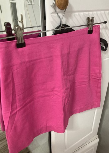 xs Beden pembe Renk Pembe Keten Mini Etek Fermuarlı
