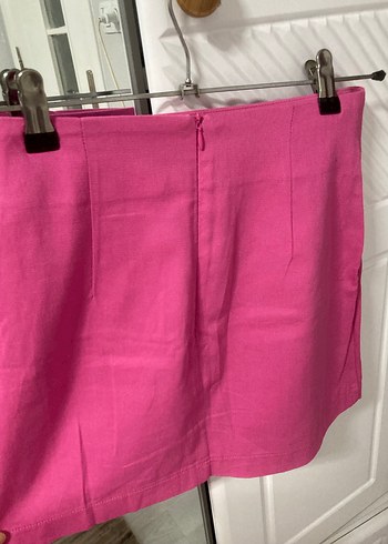 Pembe Keten Mini Etek Fermuarlı