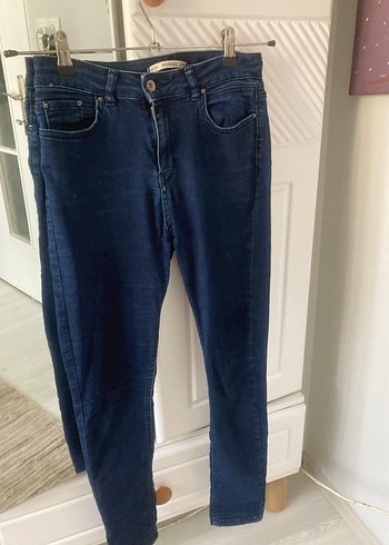 Düğmeli Koyu Mavi Kadın Denim Pantolon