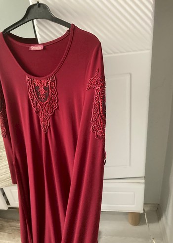 xl Beden Bordo Nakışlı Uzun Kollu Kadın Triko Elbise