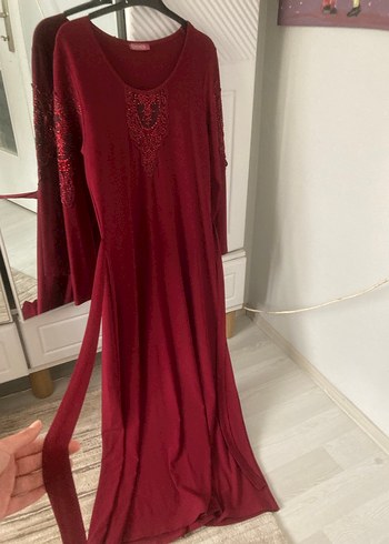 Bordo Nakışlı Uzun Kollu Kadın Triko Elbise