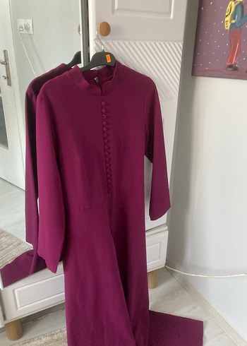 Bordo Uzun Kollu Düğmeli Kadın Elbise