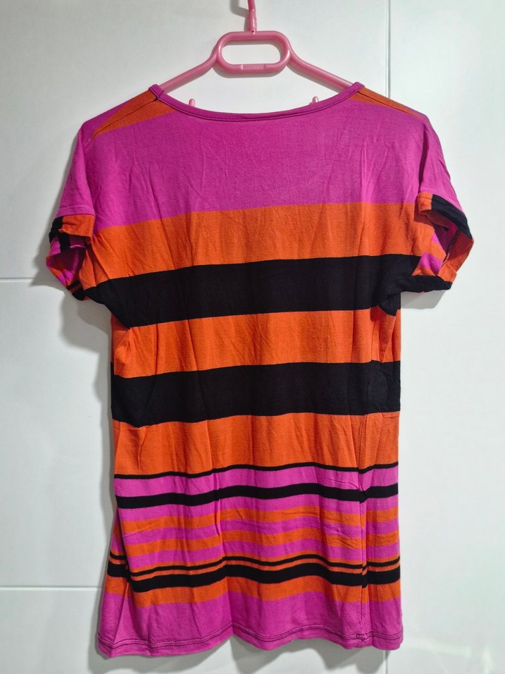 Renkli Çizgili Kısa Kollu Kadın Tişört - Görsel 2