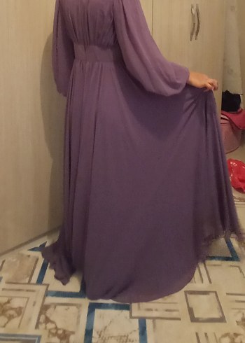 Abiye Uzun Kollu Mor Saten Elbise