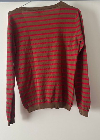 Düğmeli Kahverengi Kırmızı Çizgili Triko Hırka - Görsel 3