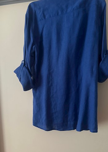 Düğmeli Mavi Keten Gömlek - Görsel 2