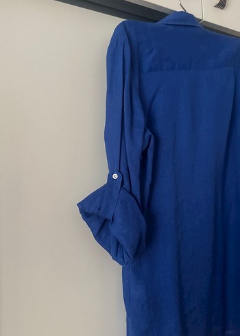 Düğmeli Mavi Keten Gömlek - Görsel 3