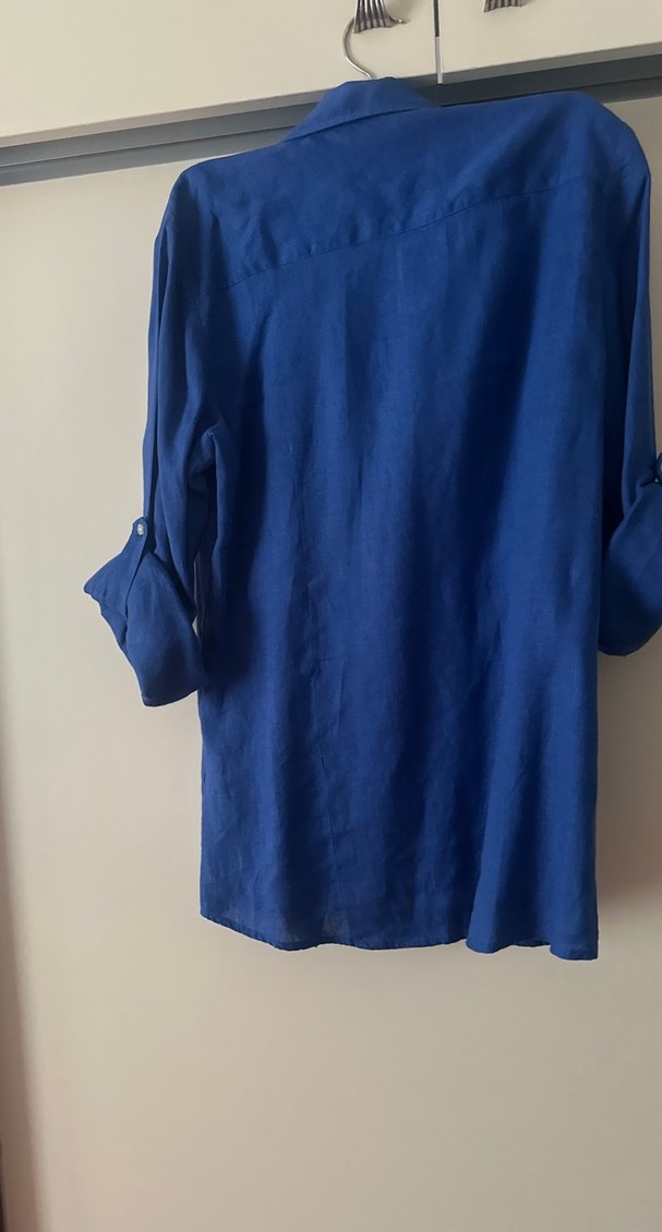 Düğmeli Mavi Keten Gömlek - Görsel 2