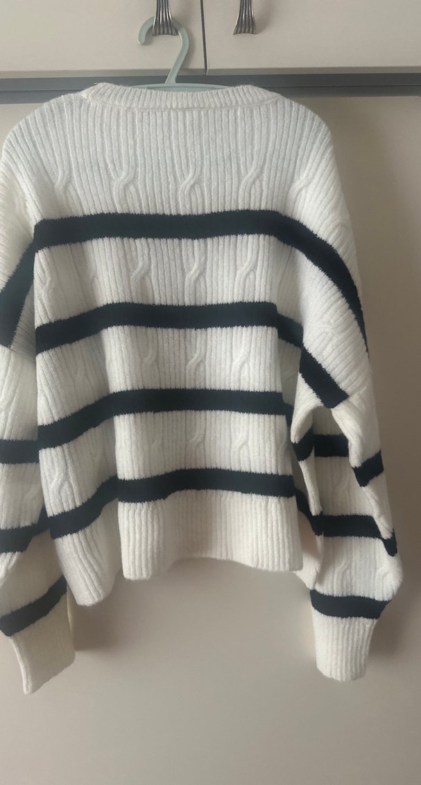 Gri Çizgili Örgü Kadın Kazak - Görsel 3