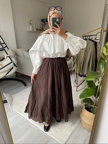 Bel lastikli kırışık model vual etek kahverengi