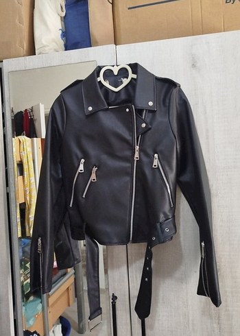 Kadın Siyah Deri Biker Ceket - Görsel 2