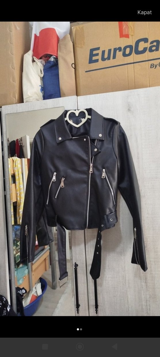 Kadın Siyah Deri Biker Ceket - Görsel 2