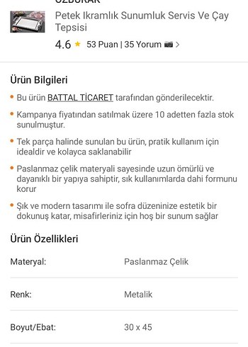 Emsan Parlak Gri çelik misafir çay Tepsisi