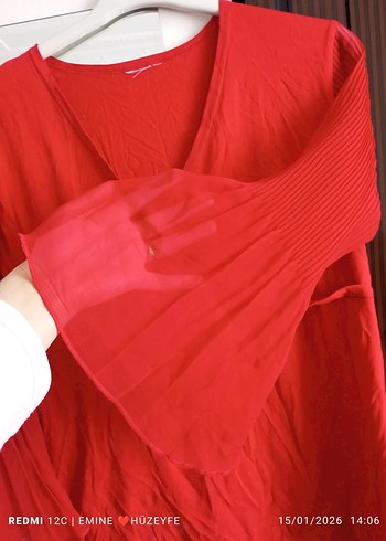 Kırmızı V Yakalı Uzun Kollu Keten Bluz - Görsel 3