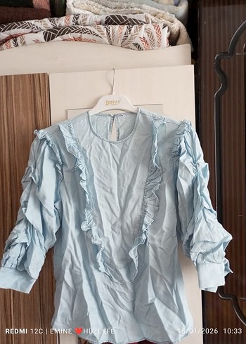 Mavi Fırfırlı Uzun Kollu Keten Bluz - Görsel 2