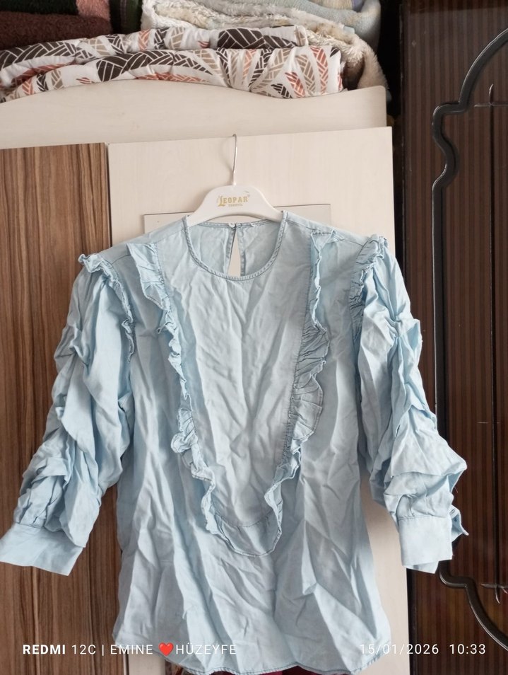 Mavi Fırfırlı Uzun Kollu Keten Bluz - Görsel 2