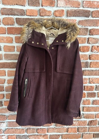 Bordo Kadın Midi Boy Kürklü Ceket - Görsel 3