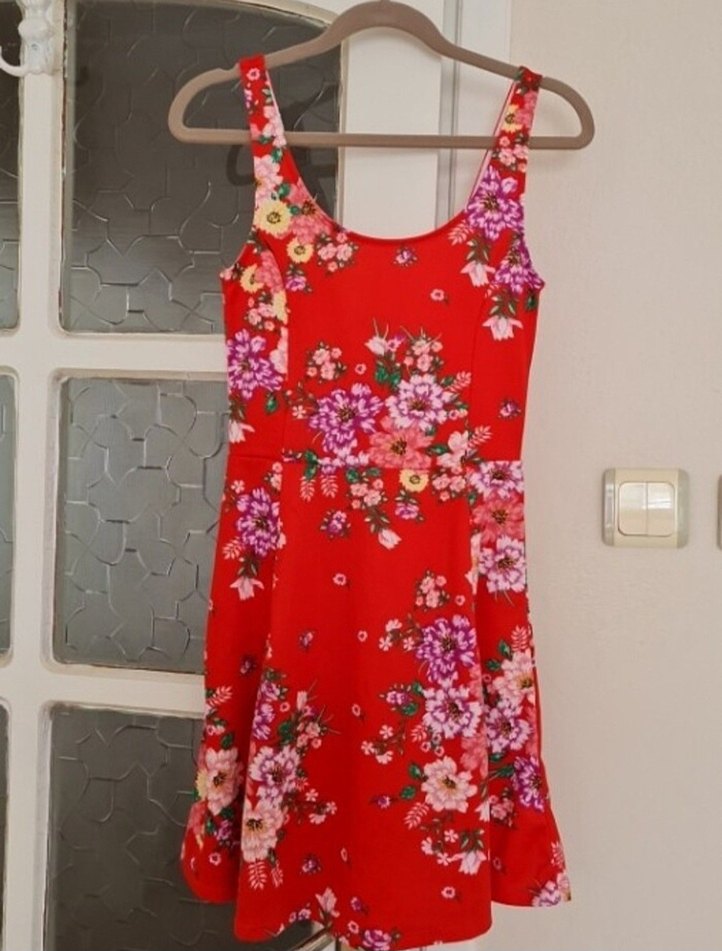 Çiçek Desenli Kırmızı Midi Elbise - Görsel 2