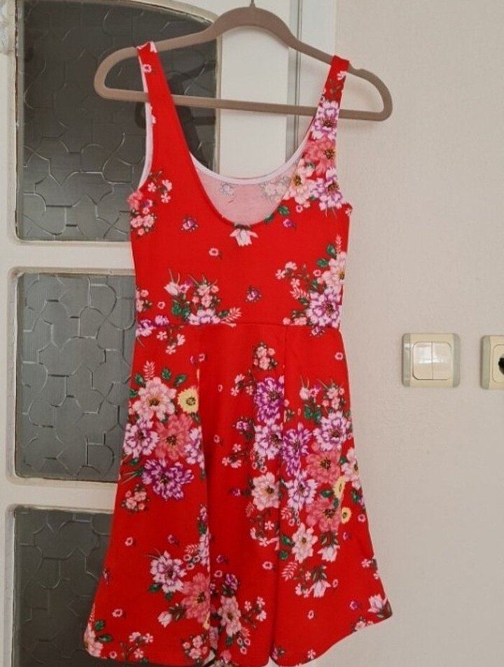 Çiçek Desenli Kırmızı Midi Elbise - Görsel 3