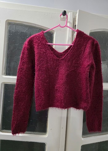 Bordo V Yaka Örgü Kadın Kazak - Görsel 2