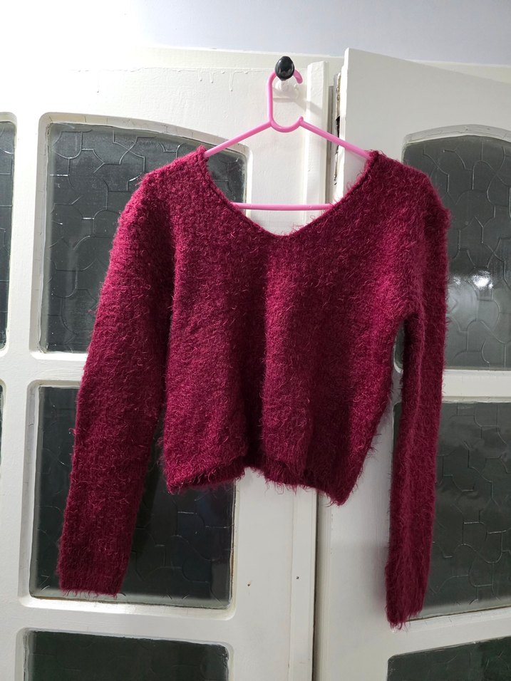 Bordo V Yaka Örgü Kadın Kazak - Görsel 3